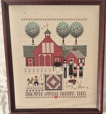 Vtg Needlepoint Amish Family Country Barn BROWN SWISS DAIRY INDIANA Wood Frame picture