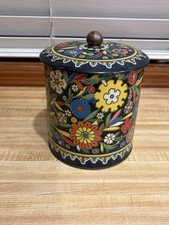 VTG 1975 Daher Black Floral Embossed Biscuit Tin Canister England Retro Decor picture