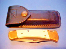 VINTAGE CUSTOM BUCK 110 KNIFE BLACK-OXIDE BLADE WHITE G10 SCALES LEATHER SHEATH picture