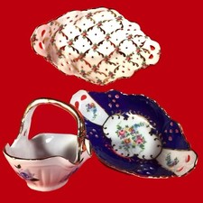 TRINKET DISHES AND PORCELAIN BASKET COBALT BLUE FLORAL PINK FLORAL SET OF 3 picture