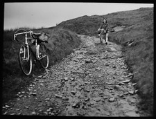 VINTAGE Magic Lantern Slide WOMAN WITH BICYCLE ON MOUNTAIN PATH C1950 PHOTO picture