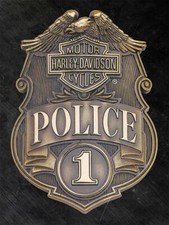 HARLEY DAVIDSON MOTORCYCLES POLICE BADGE HEAVY DUTY USA MADE METAL ADV SIGN picture
