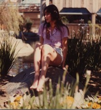 1980s Pretty Young Woman Sitting Barefoot on Garden Rock Pond Portrait picture