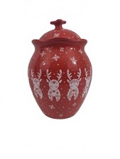 Temp-tations Winter Whimsy Red Ceramic Reindeer Canister Jar Lid Recipe Cards picture