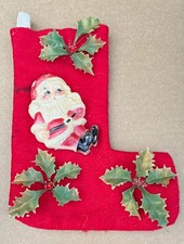 Vtg Mid Century Small Red Felt Christmas Stocking Plastic Santa Holly Applique picture