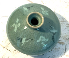 Vintage Celadon small vase, porcelain, crackle glaze, cranes, 3 1/2