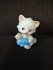 Vintage Napco Ceramic White Cat Holding Kitten Blue Blanket 3.5