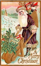 Vintage 1910's Santa In Purple Robe & Wheel Barrow & Toy Bags Christmas Postcard picture