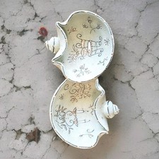 Vtg Ardalt Italy MCM Double Bowl Hand Painted Pottery Whimsy Green Gold Signed  picture