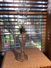 Antique 15 1/2” EAPG Whale Oil Kerosene Oil Lamp With Etched Chimney & Wick picture