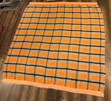 Vtg Chatham Virgin Wool Blend Blanket Orange Coral Plaid Satin Trim 80x75 USA picture