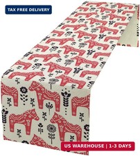 Ethnic Table Runner, Folk Inspired Swedish Dala Horse with Floral Ornaments Folk picture