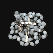 Vintage Italian White Cat Eye Glass Bead Rosary Catholic Prayer Crucifix Italy picture