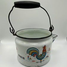 Vintage Enamel Farmhouse Tea Kettle Rooster Design Cottage  Core Decor picture
