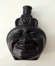 Vintage Casa Ranuzzi Peru Pisco Black Glass Bottle Decanter Figural Face 6.5