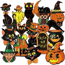48Pcs Vintage Halloween Cutouts Retro Pumpkin Witch Cat Party Decorations picture