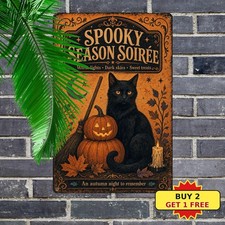 Rustic Black Cat Pumpkin Metal Sign Halloween Autumn Wall Art picture