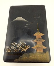 Vintage Japanese Black Lacquer Trinket Box Mt Fuji Pagoda Red Velvet Japan As Is picture