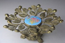 Antique Brass Pedestal Tazza Compote w/ Enameled Floral Decoration picture