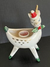 MCM White Reindeer Candle Holder Ceramic Gold Christmas Retro - Broken Antler picture