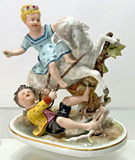 Antique Meissen Figurine Two Children Riding a Sheep picture