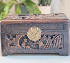 Beautiful Vintage Chinese Carved Wood Chest Landscape Jewelry Box 9