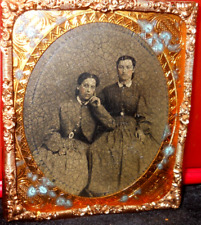 1/6th Size Tintype of ladies in brass mat/frame picture