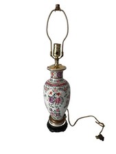 Vintage Chinese Porcelain Ginger Jar Table Lamp Hand Painted Floral Wood Base picture