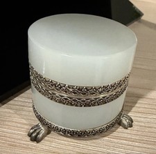French Style White Opaline Glass Hinged Casket Box Paw Feet Filigree picture
