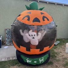 2006 Gemmy Airblown Inflatable Rotating Pumpkin Globe With Ghosts Lightup 6' T picture