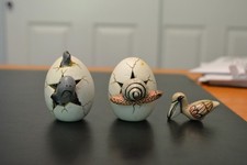 Two Vintage Breaking Out Of Egg Sculptures, Mexico Hand Painted ￼ picture