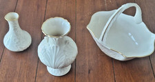 3 Vintage Elfin & Meredith Gold Trim Bud Vases and Sans Souci Handle Basket -EUC picture