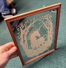 Vintage 1980's Etched White Unicorn Small Wood Framed Mirror Retro Wall Decor picture