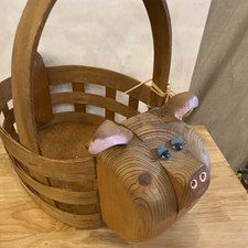 Vintage Wood Oval Storage Basket w/ Handle, Brown Wood Grain, Pig Head Ends picture