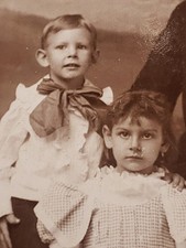 Antique 1900s Victorian Cabinet Card Family Children Long Haired Spaniel Dog picture