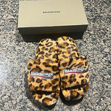 Balenciaga Men’s Leopard Print Faux Fur Lined Slide Slippers Open Toe 9.5 picture