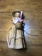 VTG Bamboo Straw Wicker Doll Lady with Hat Flowers Farmhouse Country Decor 4.5