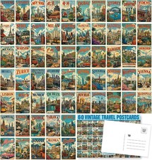60 Vintage Travel Postcard Set,World Famous Country City Illustrations, 4X6 Mail picture