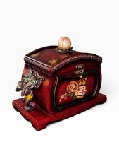 Vintage Hand Painted Floral Wooden Jewelry Box with Monkey Figures and Peach picture