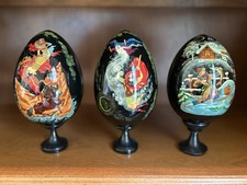 Rare Signed 1998 Russian Palekh Lacquer Eggs 3pc Set Rusian  & Ludmilla picture