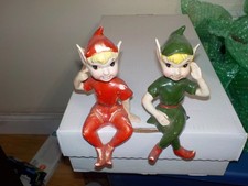 2 Vintage 1950's Kreiss Ceramic Large Red & Green Christmas Elves Ledge Sitters picture
