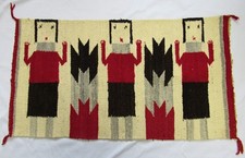 Vintage Navajo Indian Hand Woven 3 Yei Figures & Corn Stalks Textile Rug Weaving picture