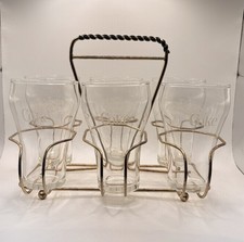 Vintage Coca Cola Glasses White Letter With Mid-Century Metal Carrier 6 Glasses picture