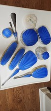 Vtg 1930-40 Art Deco Blue Guilloche Enamel Heavy  Cut Glass Vanity Set 10pc picture