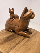 Vintage Hand-Carved Wooden Cat & Kitten Trinket Box with Hidden Storage picture