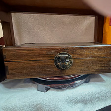 Vintage Chinese Hardwood Jewelry Document Box, Brass Lock & Corner Protectors picture
