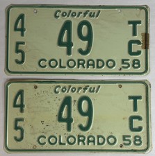 1958 Colorful Colorado License Plate Low Number 45 49 TC Matching Pair picture