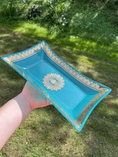 Vintage MCM George Briard Blue Teal Gold Glass Tray TIKI Hawaiian Crown Regalia picture