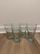 Lot of 4 Vintage Green Bell Shape Glass Embossed Coca Cola Glasses/Indiana Glass picture