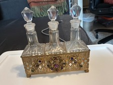 Rare Antique Perfume Set Of 3 Bottles Set In A Jeweled Holder GORGEOUS picture